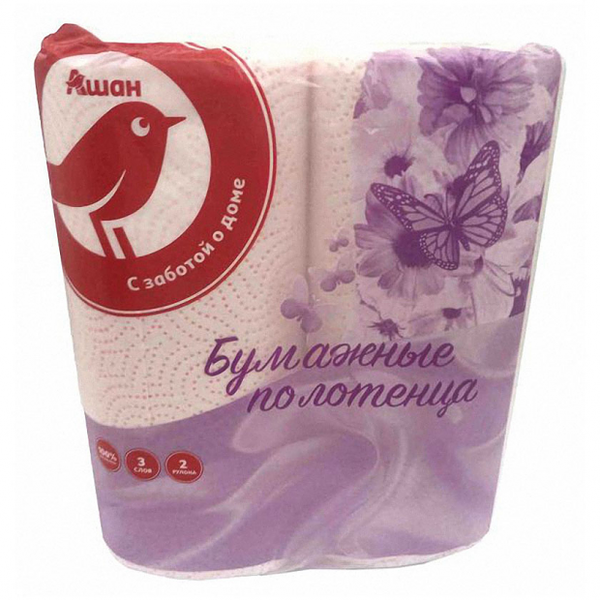 Полотенца бумажные АШАН Красная птица 3 слоя, 2 рулона