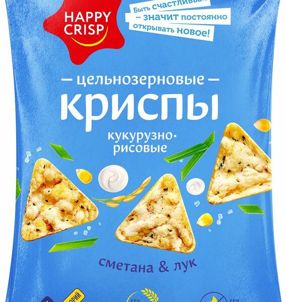 Чипсы цельнозерновые Happy Crisp кукурузно-рисовые со вкусом сметаны и лука, 50г