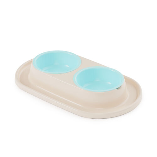 Миска для кошек и собак мелких пород Мур-мяу двойная на подставке светло-бежевая