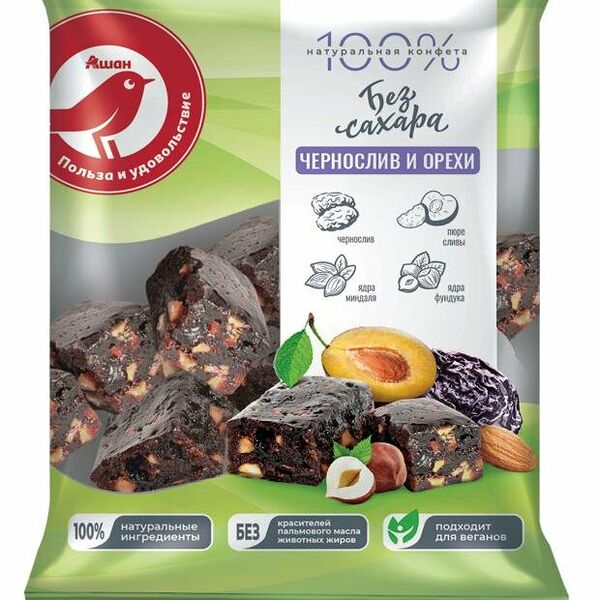 Конфета неглазированная АШАН Красная Птица Чернослив и орехи, 150 г