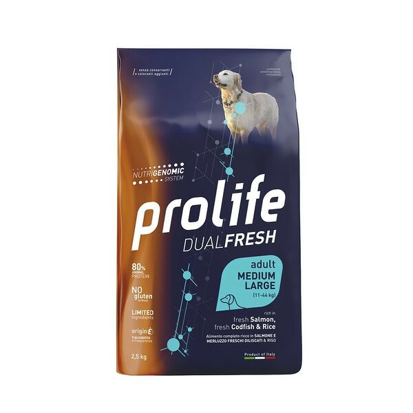 Корм для собак PROLIFE для средних и крупных пород, лосось, треска с рисом сух. 12кг