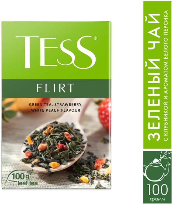 

Чай зелёный Tess Flirt с клубникой и ароматом белого персика 100 г