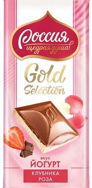 Шоколад Россия - щедрая душа Gold selection молочный и белый клубника роза 82г