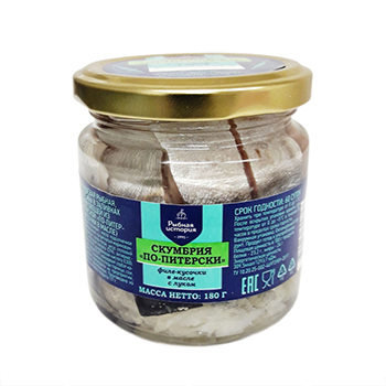 

Пресервы Рыбная история По-Питерски из скумбрии японской филе-кусочки в масле с луком 180 г