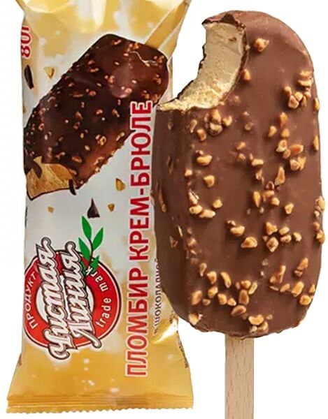 Мороженое Чистая Линия Пломбир Крем-брюле в шоколадной глазури с арахисом 80г