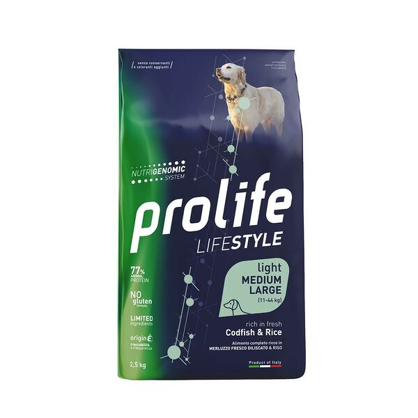 Корм для собак PROLIFE для средних и крупных пород с избыточным весом, треска с рисом сух. 2,5кг