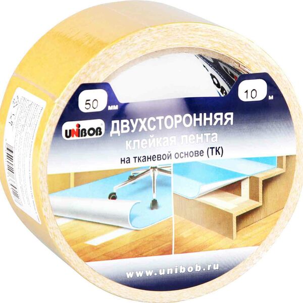 Клейкая лента Unibob двусторонняя на тканевой основе, 50 мм х 10 м