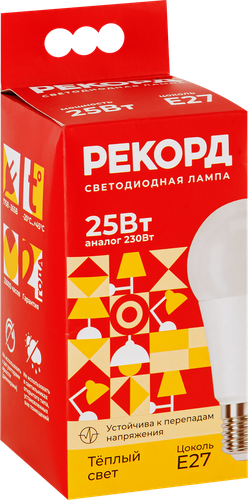 

Лампа светодиодная Рекорд LED А70-U 25W Е27 3000К