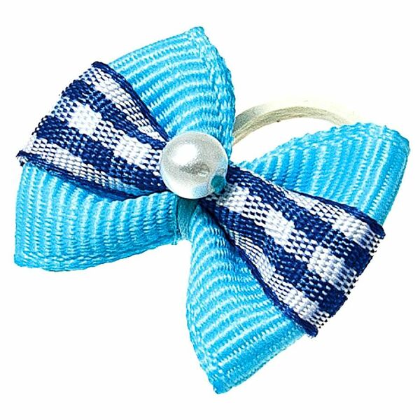 Бантик V.I.PET (пара) голубой с полоской в син. квадрат + бусинка