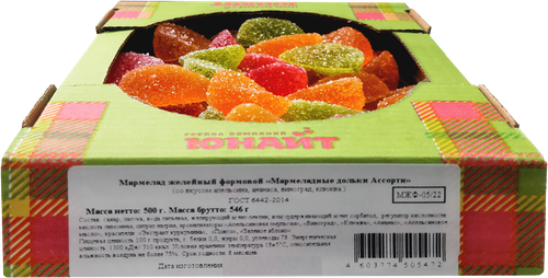 

Мармелад желейный ЮНАЙТ Мармеладные дольки, ассорти, со вкусом апельсин, дыня, клубника, яблоко, 500г