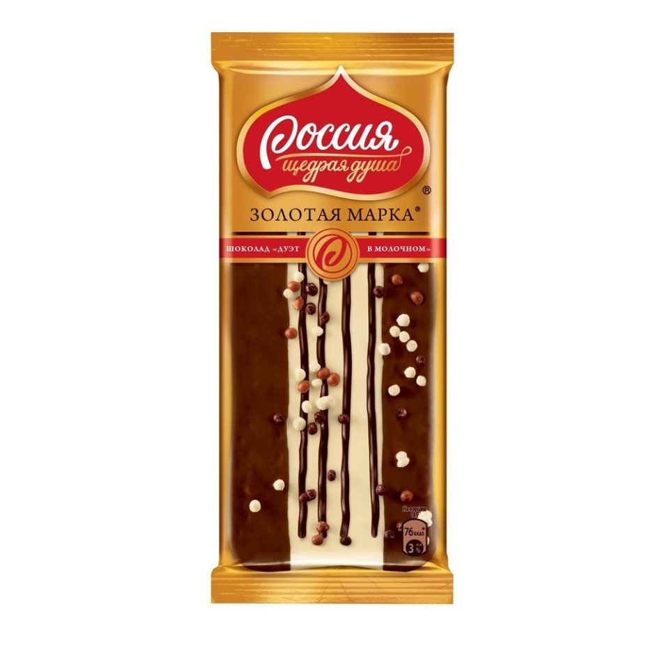 

Шоколад Россия - Щедрая душа! Золотая марка Дуэт в молочном с арахисом декорированный, 85 г