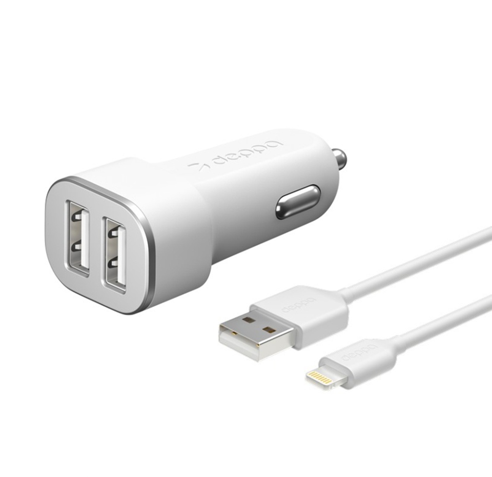 

Зарядное устройство для автомобиля Deppa 2 USB 2.4А, кабель Lightning MFI, белый