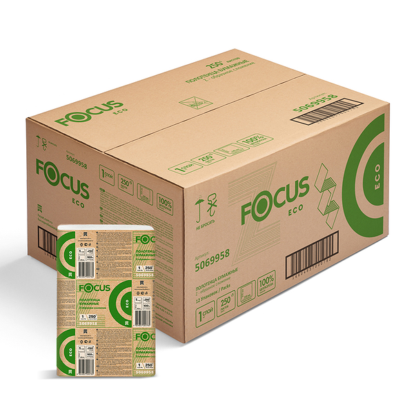 Комплект полотенец бумажных листовых Focus Extra, 1-слойные, 21,5x24 см, белые, 250 листов в упаковке (12 упаковок в комплекте)