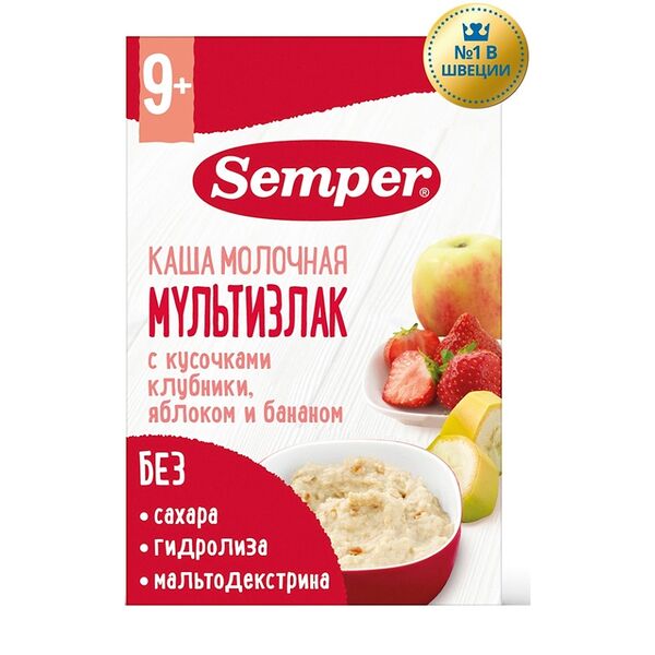 Каша молочная Semper мультизлаковая клубника-яблоко-банан с 9 месяцев 180г