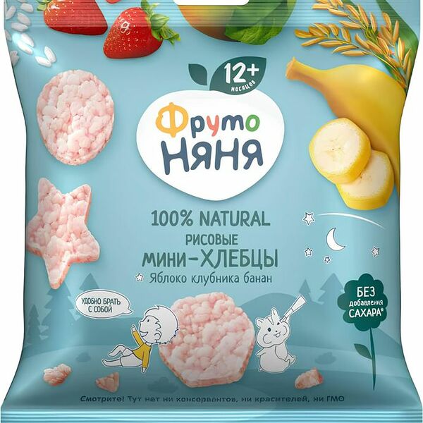 Мини-хлебцы ФрутоНяня рисовые с яблоком, клубникой и бананом 30г