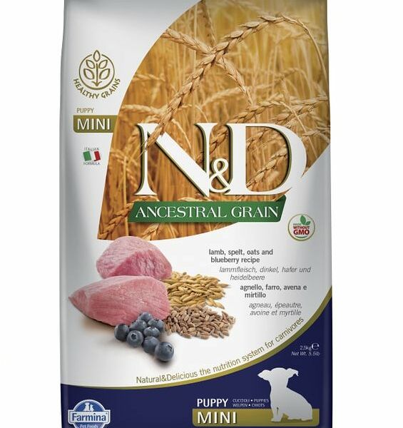 Корм низкозерновой Farmina N&d ancestral grain Lamb & Blueberry Puppy mini для щенков мелких пород ягненок и черника