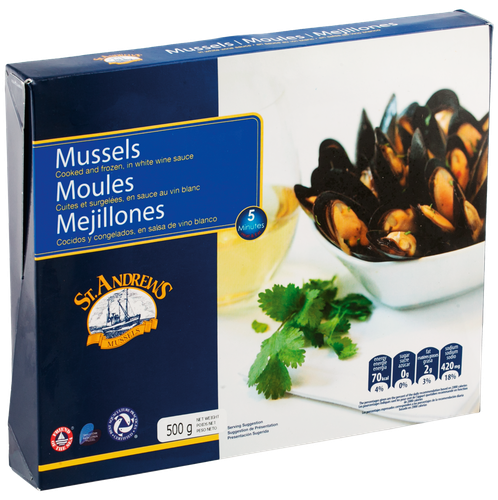 

Мидии варено-мороженые St.Andrews в винном соусе, в створках 50–70 500 г