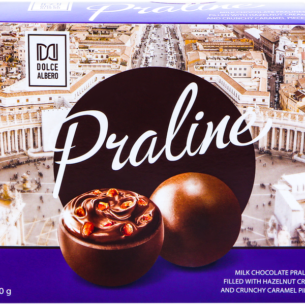 Конфеты DOLCE ALBERO из молочного шоколада с ореховым кремом и с кусочками карамели