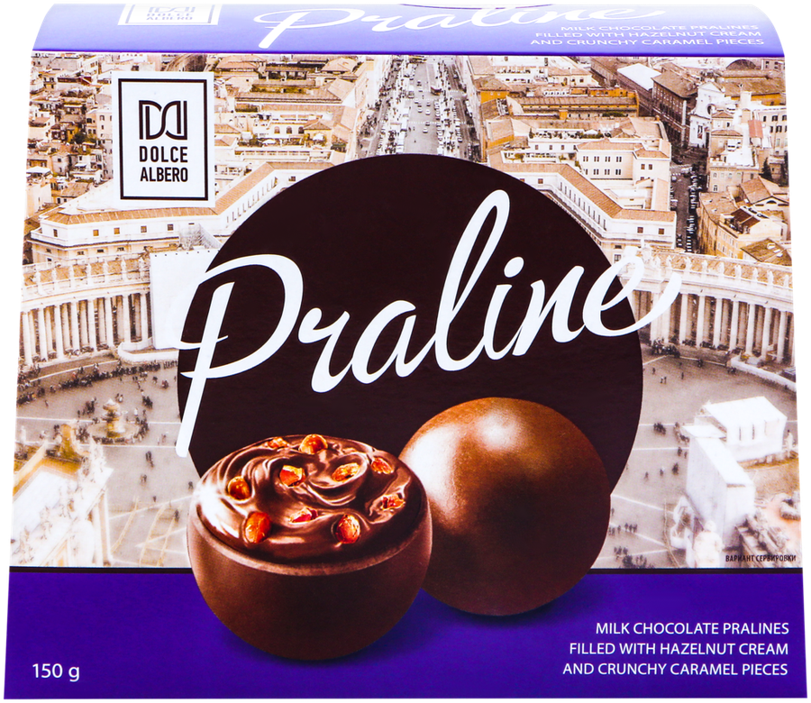 

Конфеты DOLCE ALBERO из молочного шоколада с ореховым кремом и с кусочками карамели