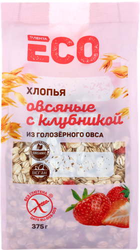 

Хлопья овсяные безглютеновые ЛЕНТА ECO с клубникой, из голозерного овса