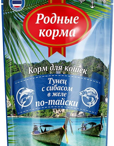 Влажный корм для кошек Родные корма Заморские Тунец с сибасом в желе по-тайски 70г