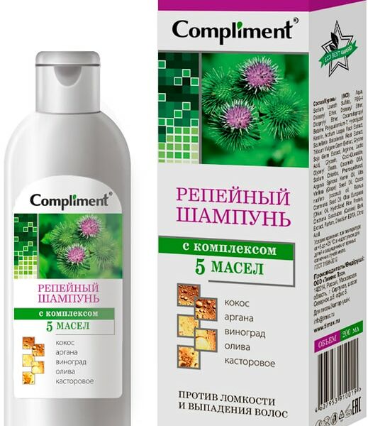 Шампунь для волос Compliment репейный с комплексом 5 масел 200мл
