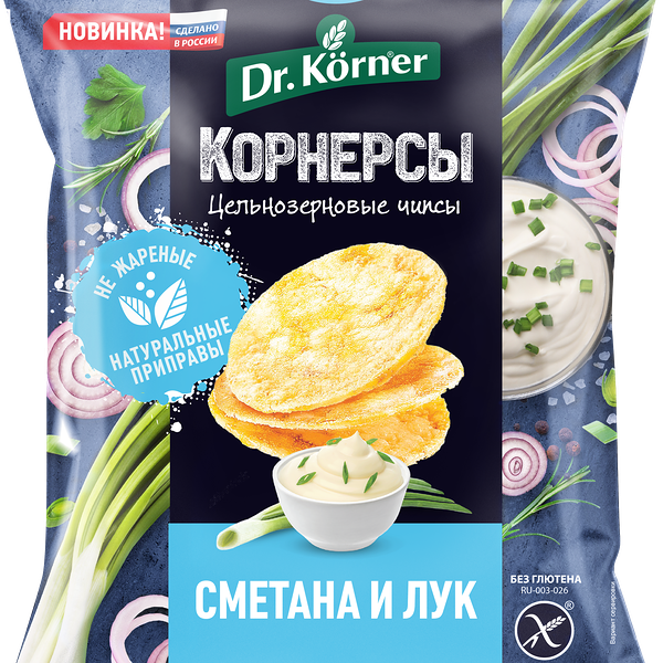 Чипсы цельнозерновые Dr.Korner кукурузно-рисовые со сметаной и зеленым луком
