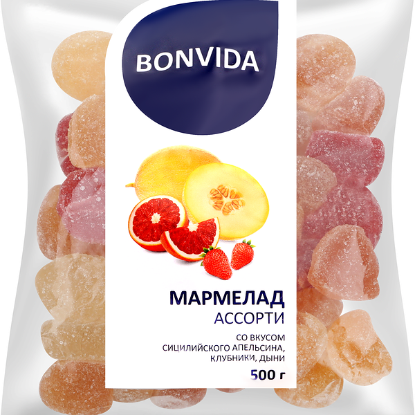 Мармелад BONVIDA Ассорти со вкусом сицилийского апельсина, клубники, дыни