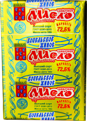 Масло сливочное КОЗЕЛЬСКОЕ МОЛОКО Крестьянское ГОСТ 72,5%, высший сорт, без змж, 180г