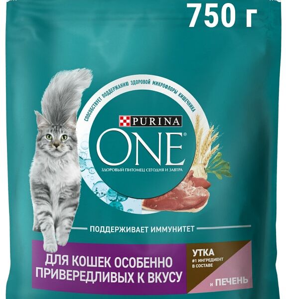 Сухой корм для кошек Purina ONE для особенно привередливых к вкусу с высоким содержанием утки и c печенью 750г