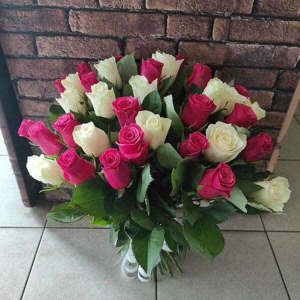 25 роз красных и белых под ленту