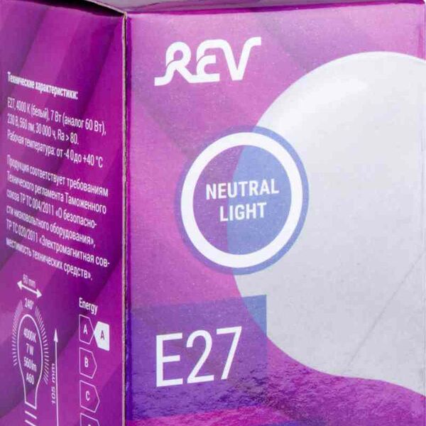 Лампа светодиодная REV Е27 4000К холодный свет, груша, 7 Вт