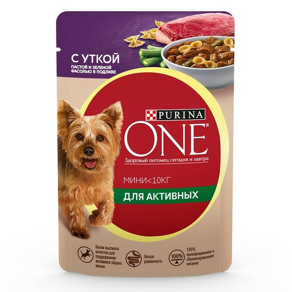 Влажный корм Purina One Mini для собак мелких пород с уткой, пастой и зеленой фасолью в подливе, 85г