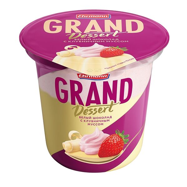 Пудинг Ehrmann Grand Dessert молочный с белым шоколадом и сливочно-клубничным муссом 6%, 200 г