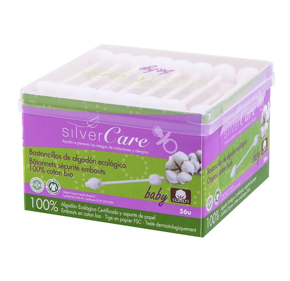 

Ватные палочки SilverCare для детей из органического хлопка 56шт., Испания