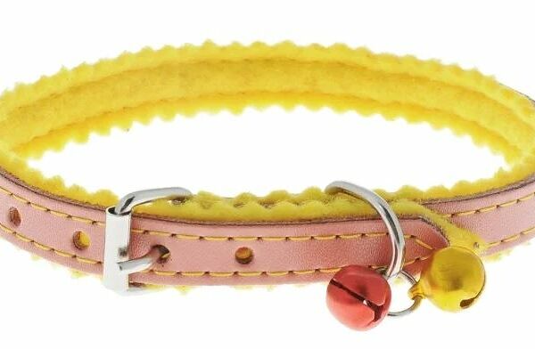 Каскад ошейник кожаный с украшением на синтепоне с бубенчиками 10 мм х 28 см, Розовый