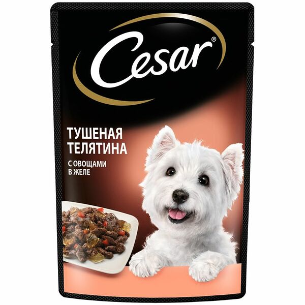 Корм Cesar тушёная телятина с овощами в желе для собак, 85г
