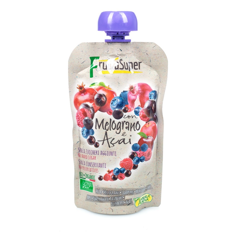 

Пюре FruttaSuper из яблока, лесных яблок, граната и асаи (без сахара), Natura Nuova, 120 г, Италия