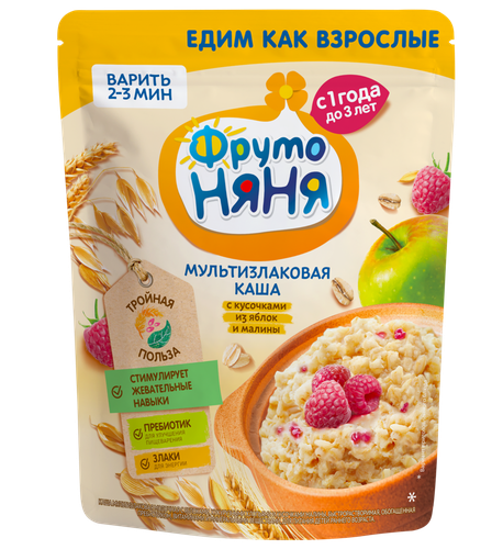 

Каша безмолочная мультизлаковая ФрутоНяня с кусочками из яблок и малины с 12 месяцев 200 г