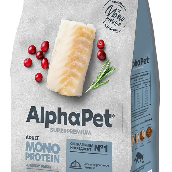 AlphaPet Monoprotein Adult Белая рыба для кошек 1,5 кг
