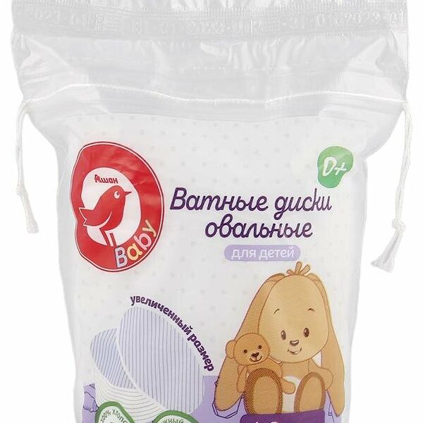 Ватные диски Ашан Красная Птица овальные детские, 40 шт