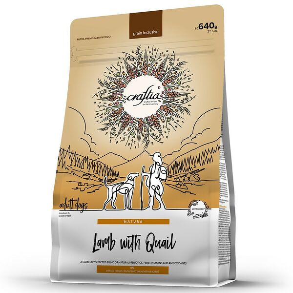 Корм для собак Craftia Natura для средних и крупных пород, из ягненка с перепелкой сухой, 640 г