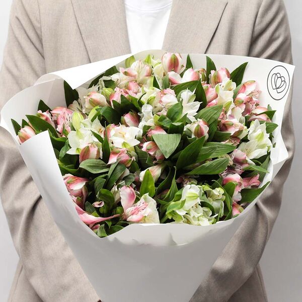 Букет из 25 белых и розовых альстромерий в белой пленке