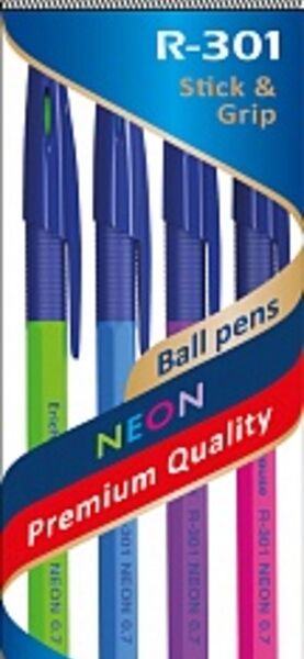 Набор ручек шариковых 4 шт ErichKrause R-301 Neon Stick&Grip 0.7, синий, пакет  42023 наб Erich Krause