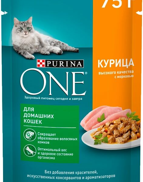 Влажный корм для кошек Purina One При домашнем образе жизни в соусе с курицей и морковью