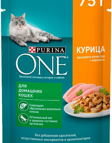 Влажный корм для кошек Purina ONE для домашних с курицей и морковью в соусе 75г