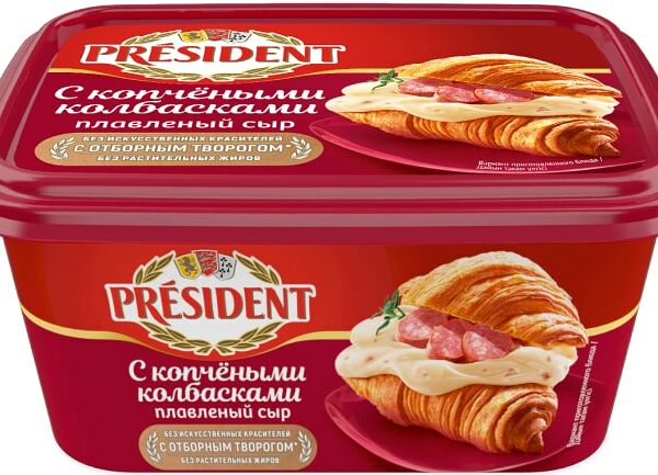 Сыр плавленый President с копчеными колбасками 45%, 400г