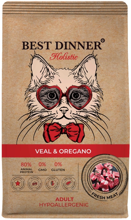 

Сухой корм Best Dinner Holistic Veal&Oregano для любых кошек гипоаллергенный с телятиной и орегано 1.5 кг