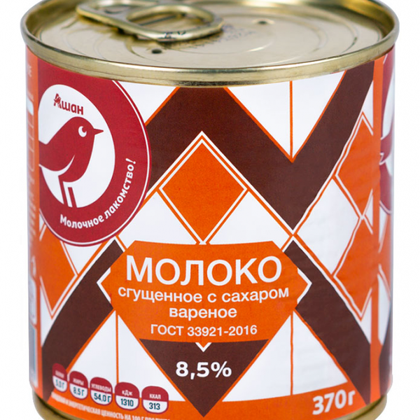 Молоко АШАН Красная птица сгущенное с сахаром вареное