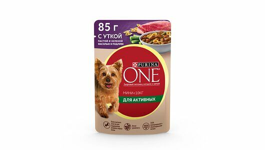 Влажный корм Purina One Mini для собак мелких пород с уткой, пастой и зеленой фасолью в подливе, 85г